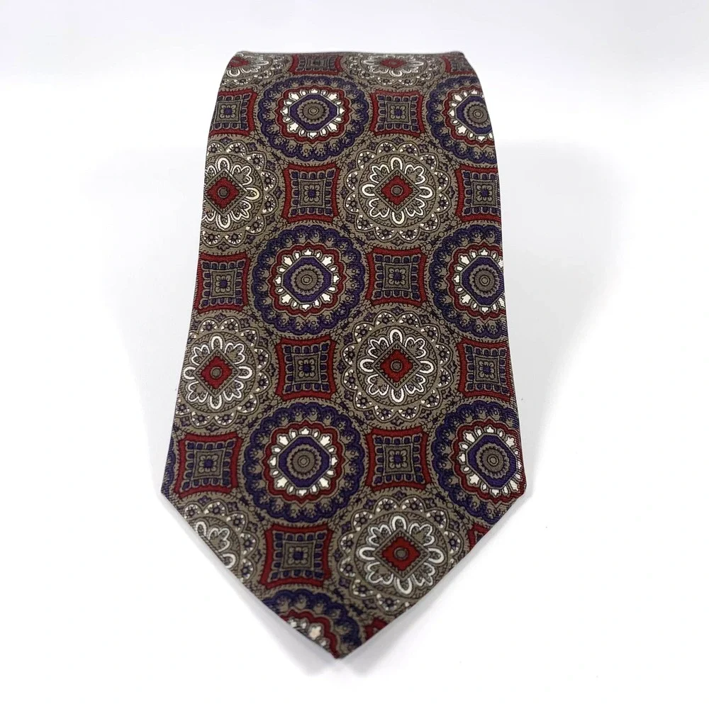 Vintage Christian Dior Monsieur Burgundy Bronze White Geometric 100%‎ Silk